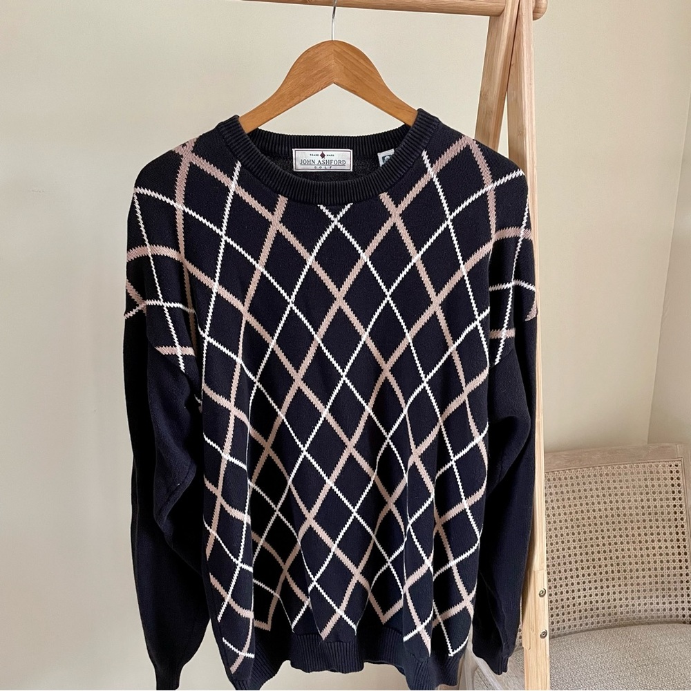 Vintage Argyle Golf Crewneck Sweater in Black/Camel